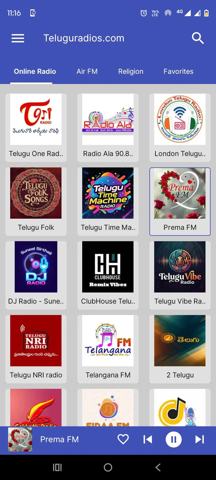 Telugu Radios FM HD app screenshot showing live Telugu radio stations list